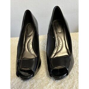 Dexflex womens Comfort High Heels Open Peep Toe Slip on Pumps Black Size 7 1/2 W